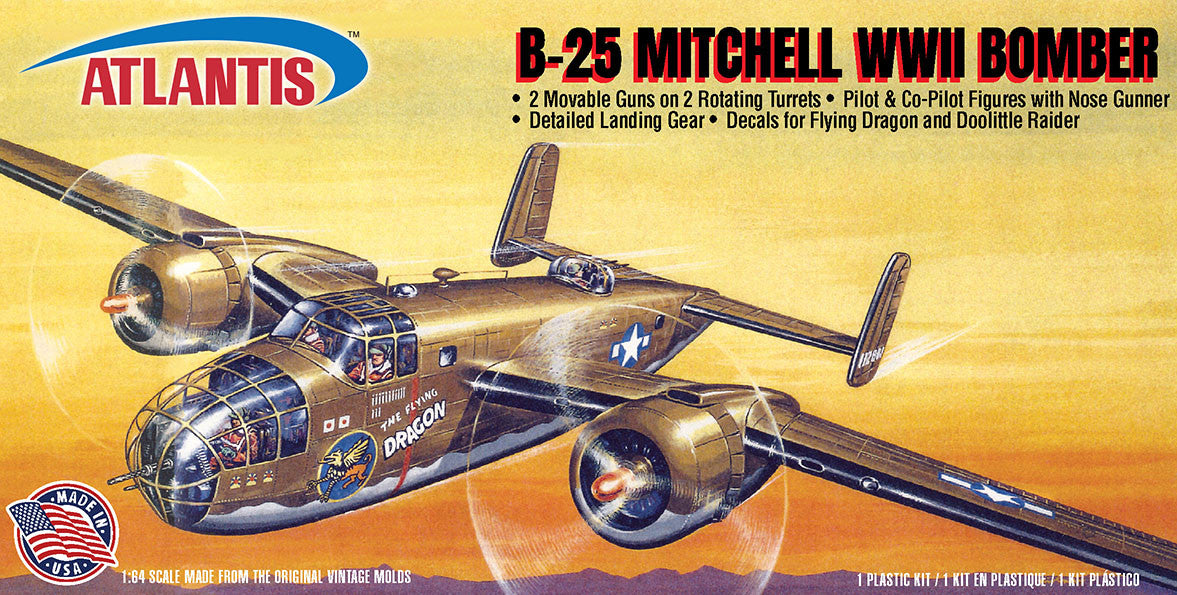 Atlantis B-25 Mitchell Bomber "The Flying Dragon" with Swivel Stand 1:64 Scale Model Kit