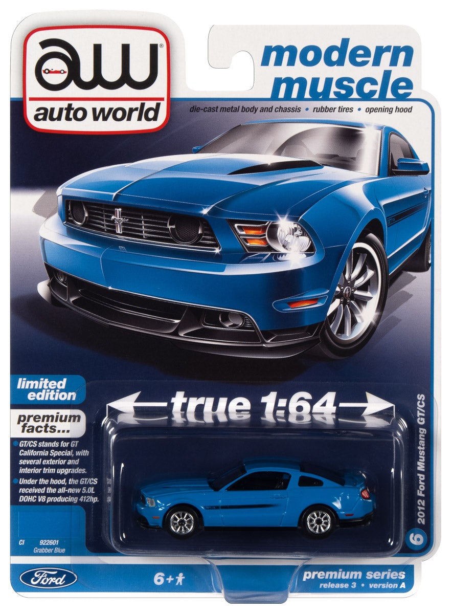 Auto World 2012 Mustang GT/CS (Grabber Blue w/Black Hood Stripes ) 1:64 Diecast