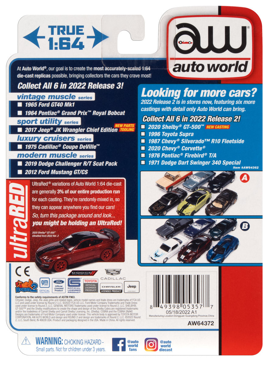 Auto World 2012 Mustang GT/CS (Grabber Blue w/Black Hood Stripes ) 1:64 Diecast