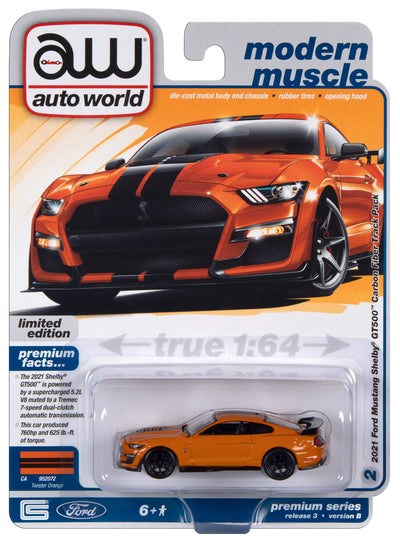 Auto World 2021 Ford Mustang Shelby GT500 Carbon Edition Track (Twister Orange with Twin Upper Black Stripes) 1:64 Diecast