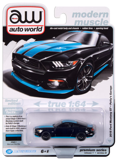 Auto World Petty's Garage 2015 Ford Mustang GT (Gloss Black Body Color w/Twin Blue Upper Stripes) 1:64 Diecast