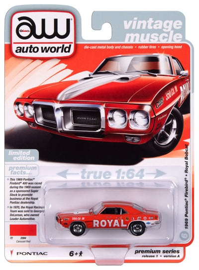 Auto World Royal Bobcat 1969 Pontiac Firebird (Carousel Red w/Royal Race Graphics & White Stripes) 1:64 Diecast