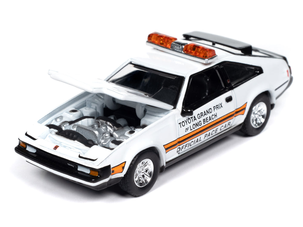 Auto World 1983 Toyota Celica Supra (White w/Toyota Grand Prix of Long Beach Official Pace Car Graphics & Roof Lightbar) 1:64 Diecast