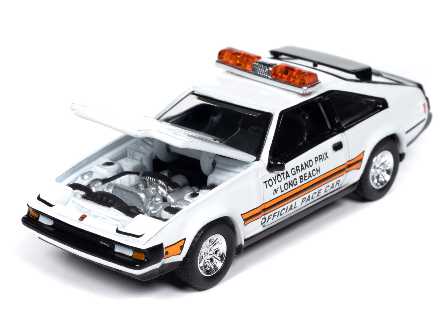 Auto World 1983 Toyota Celica Supra (White w/Toyota Grand Prix of Long Beach Official Pace Car Graphics & Roof Lightbar) 1:64 Diecast