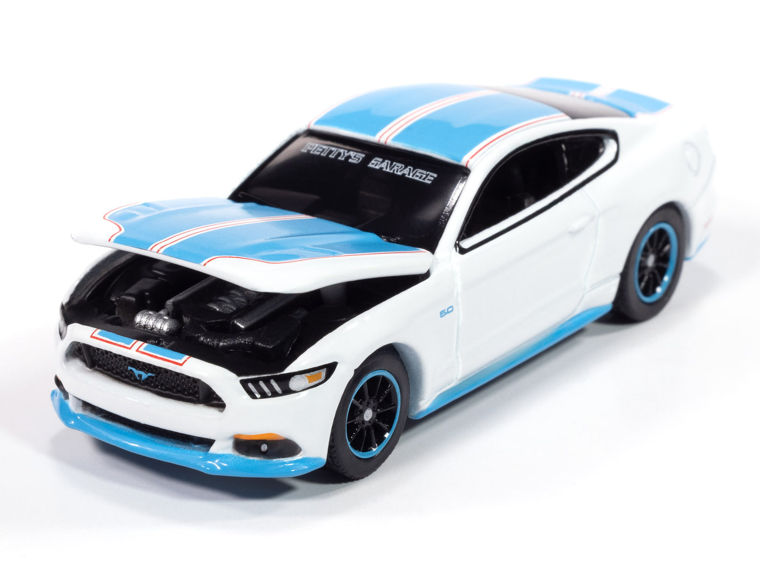 Auto World Petty's Garage 2016 Ford Mustang GT King Premier Edition (White Body w/Petty Blue Ground Effects) 1:64 Diecast