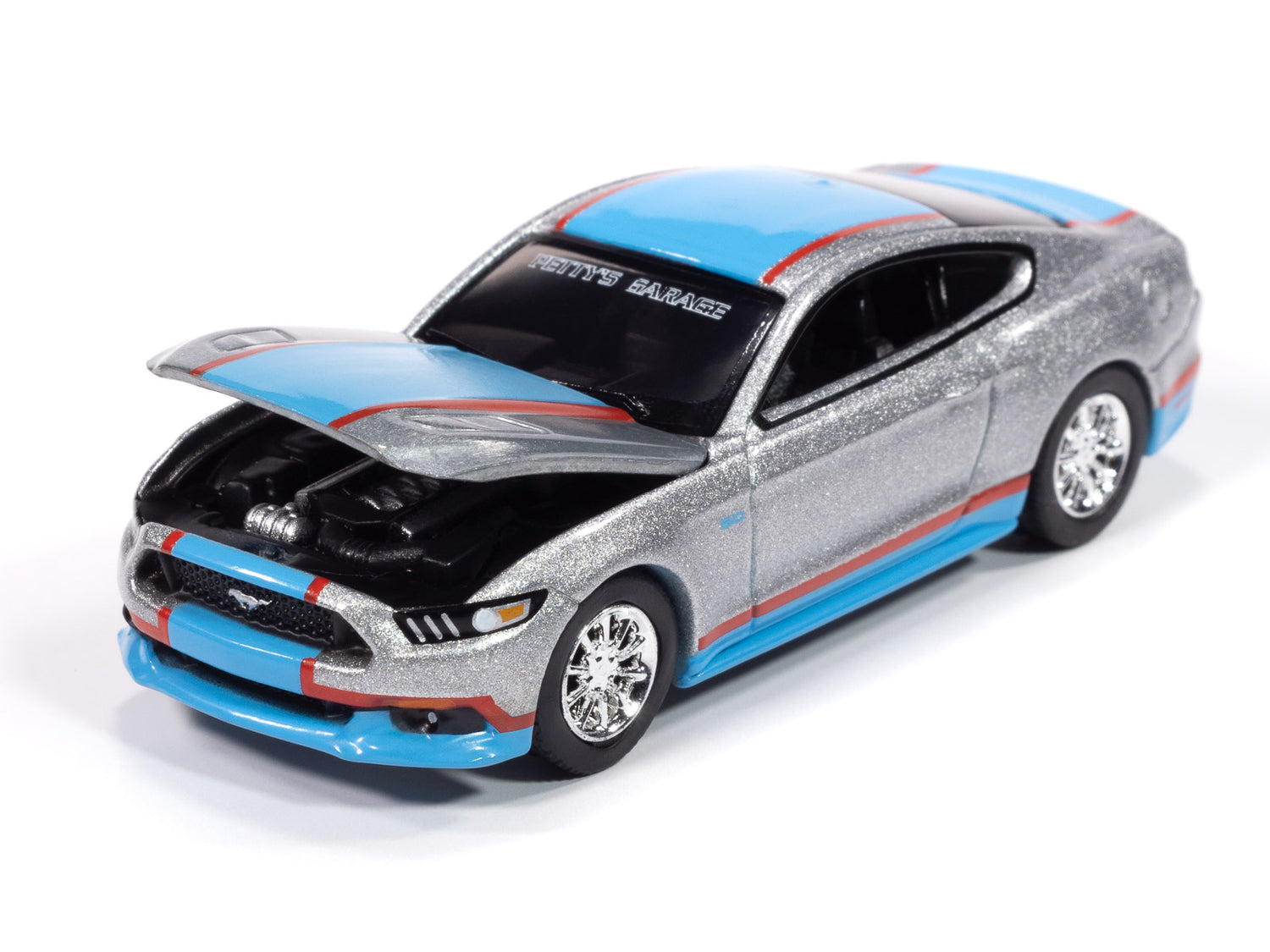 Auto World Petty's Garage 2017 Ford Mustang GT Tribute Edition (Silver Body w/Petty Blue Sides) 1:64 Diecast