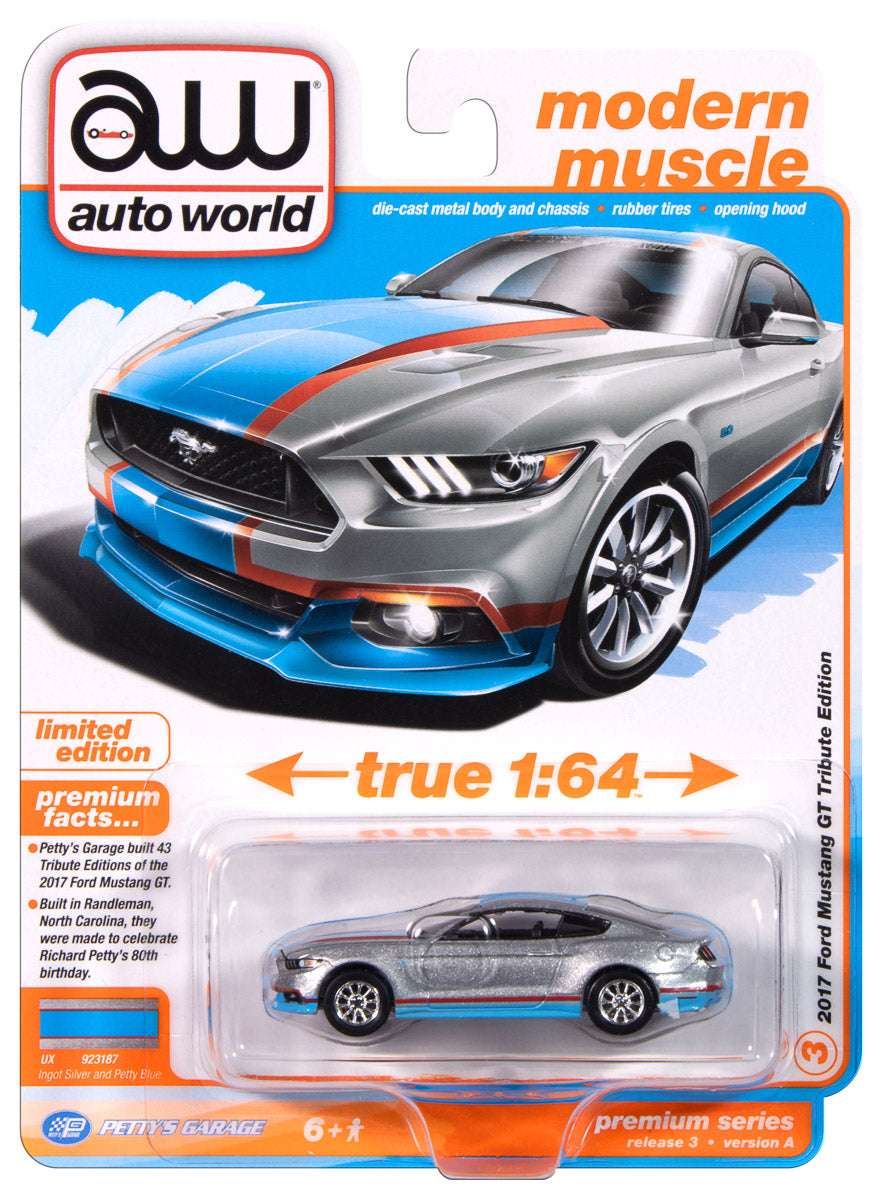 Auto World Petty's Garage 2017 Ford Mustang GT Tribute Edition (Silver Body w/Petty Blue Sides) 1:64 Diecast