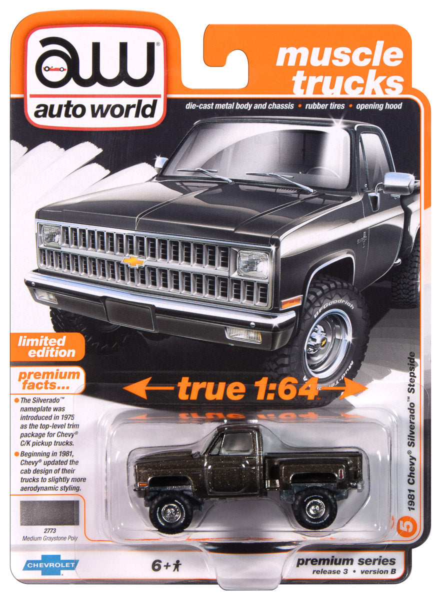 Auto World 1981 Chevrolet Silverado Stepside 4x4 (Medium Graystone Poly) 1:64 Diecast