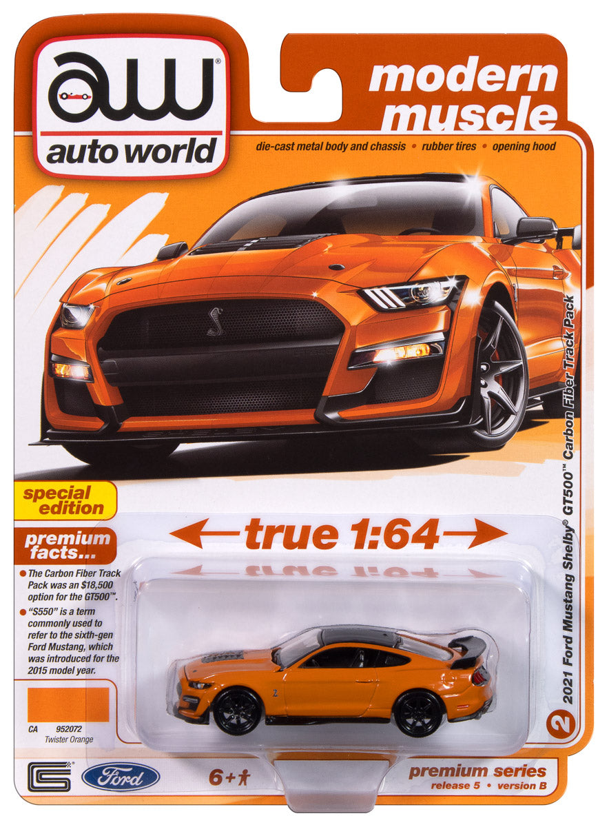 Auto World 2021 Ford Mustang Shelby GT500 Carbon Fiber Track Pack (Twister Orange w/Black Roof) 1:64 Diecast