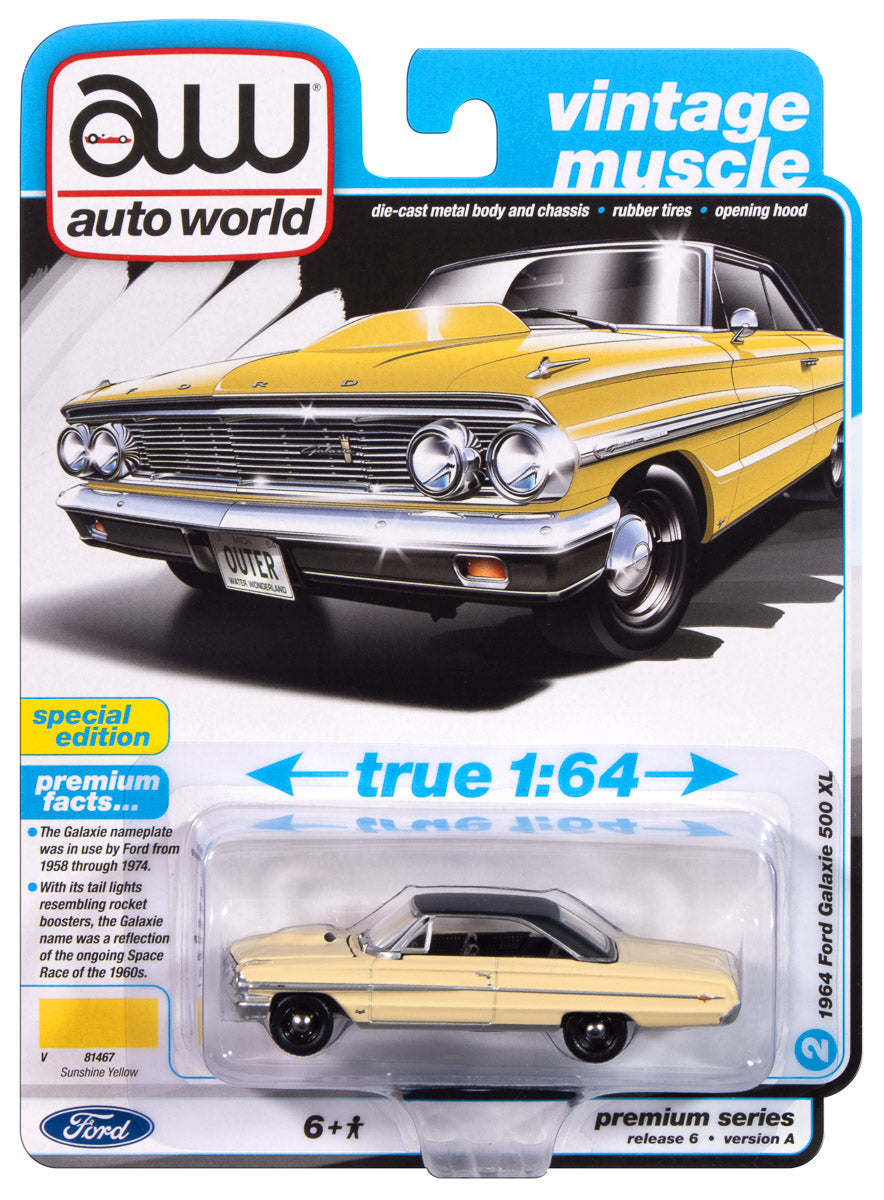 Auto World 1964 Ford Galaxie 500XL (Sunshine Yellow w/Black Roof) 1:64 Diecast