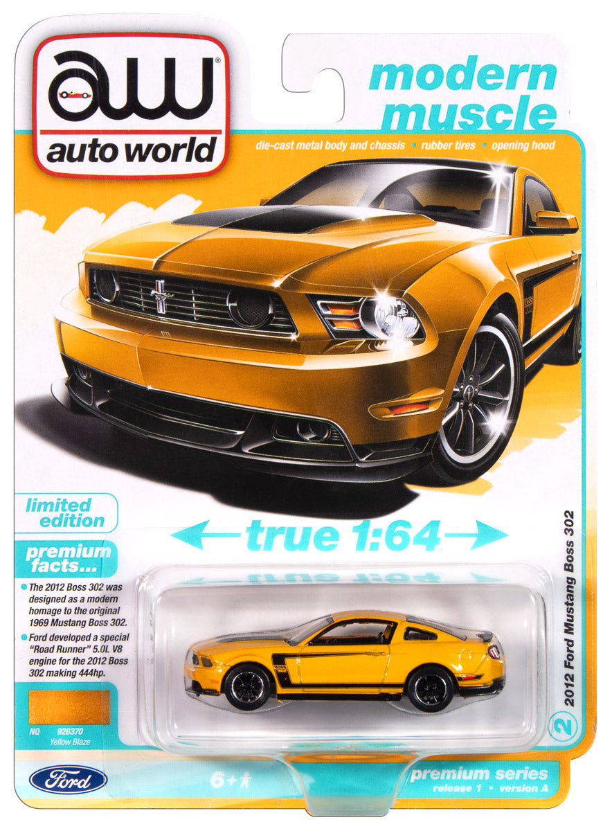 Auto World 2012 Ford Mustang Boss 302 (Yellow Blaze w/Black Accents) 1:64 Diecast