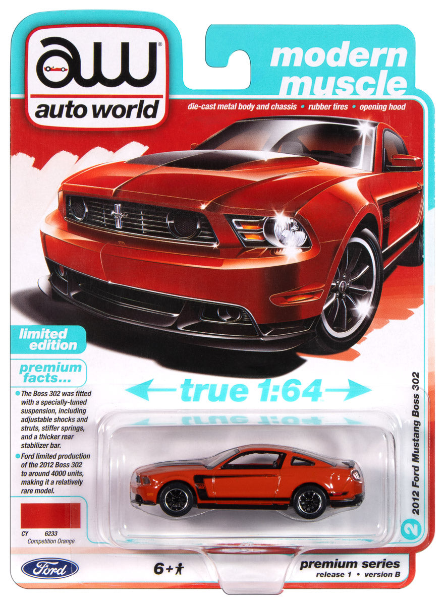 Auto World 2012 Ford Mustang Boss 302 (Competition Orange w/Black Accents) 1:64 Diecast