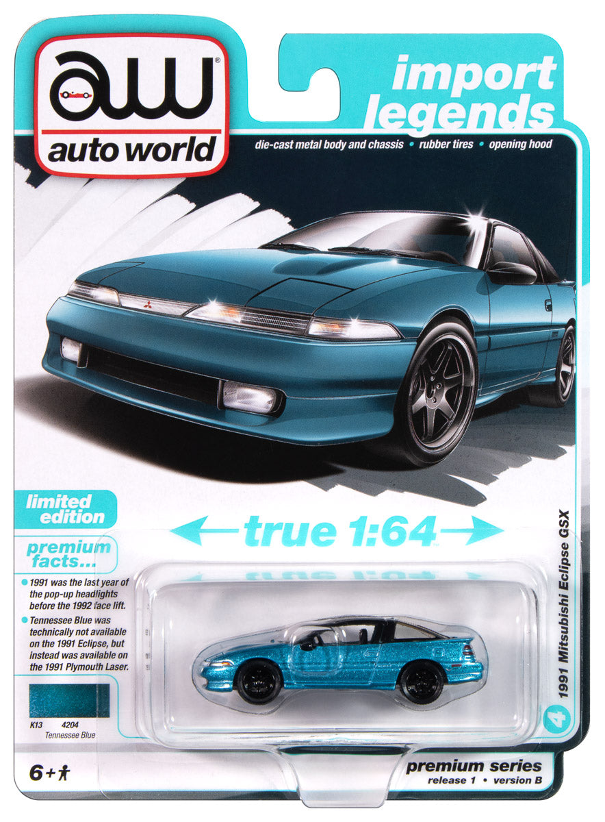 Auto World 1991 Mitsubishi Eclipse GSX (Tennessee Blue) 1:64 Diecast