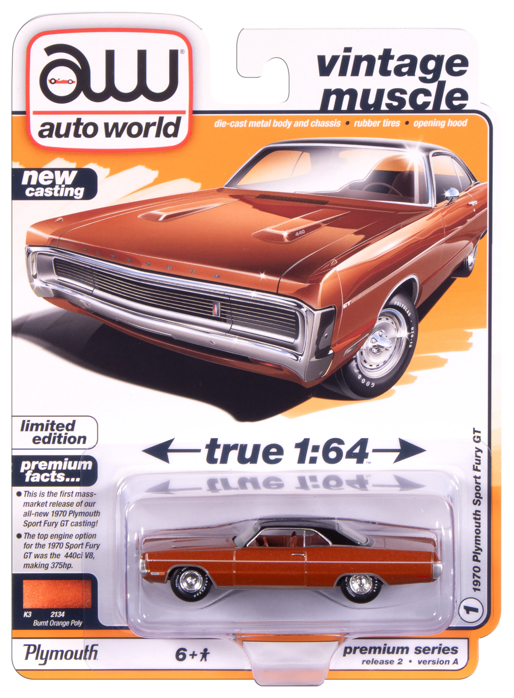 Auto World 1970 Plymouth Sport Fury (Burnt Orange Poly) 1:64 Diecast