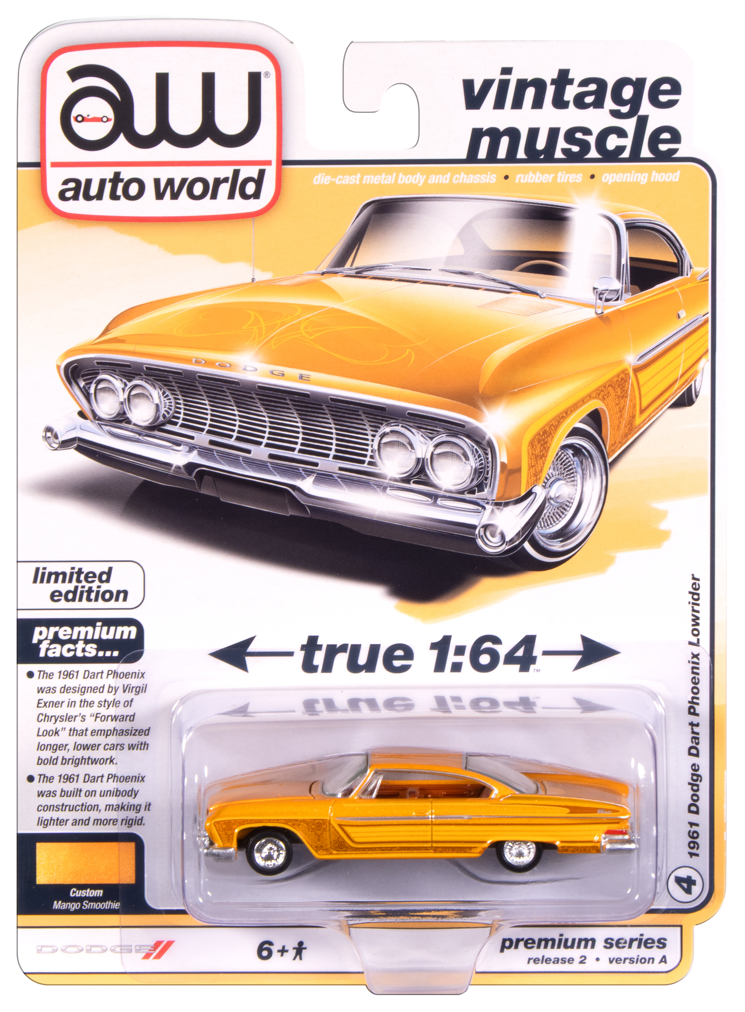 Auto World 1961 Dodge Phoenix Lowrider (Mango Smoothie Metallic w/ Lowrider Graphics) 1:64 Diecast