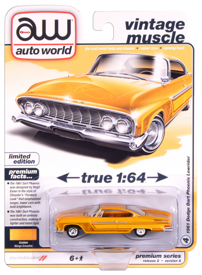 Auto World 1961 Dodge Phoenix Lowrider (Mango Smoothie Metallic w/ Lowrider Graphics) 1:64 Diecast