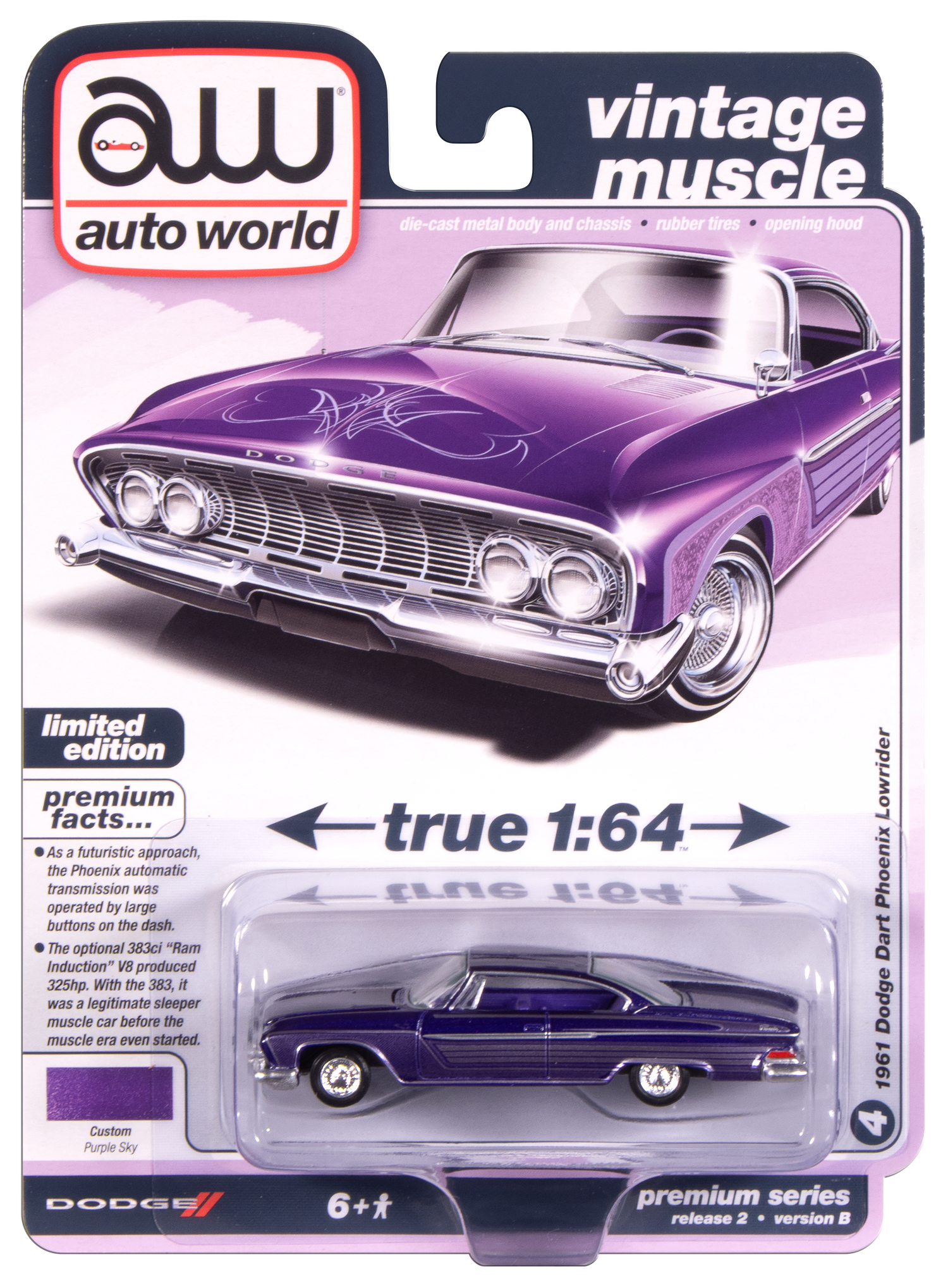 Auto World 1961 Dodge Phoenix Lowrider (Purple Sky Metallic w/ Lowrider Graphics) 1:64 Diecast - Auto World Store