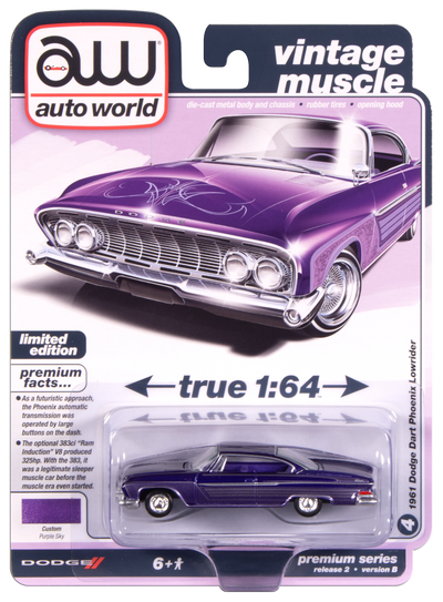 Auto World 1961 Dodge Phoenix Lowrider (Purple Sky Metallic w/ Lowrider Graphics) 1:64 Diecast
