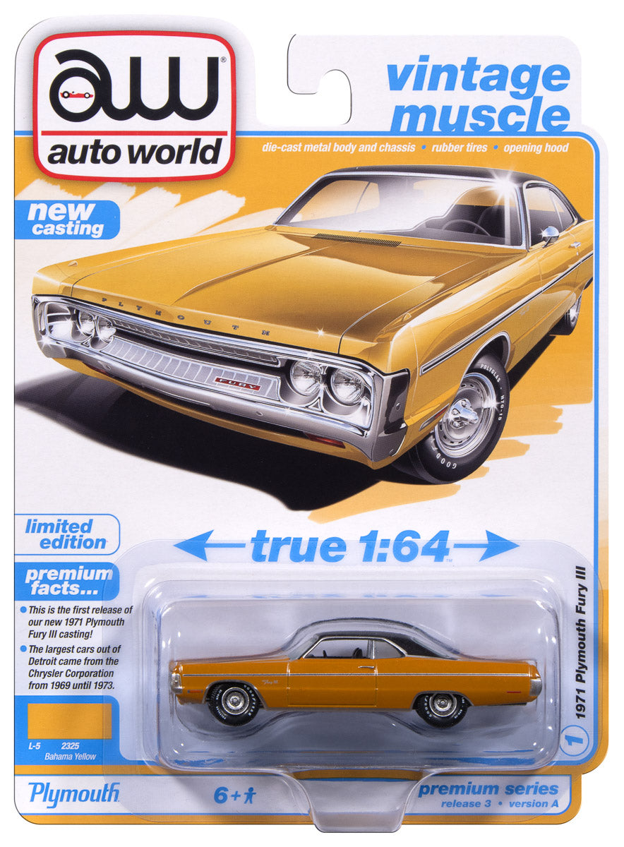 "PRE-ORDER" Auto World 1971 Plymouth Fury III (Bahama Yellow) 1:64 Diecast (DUE MARCH 2026) - Auto World Store