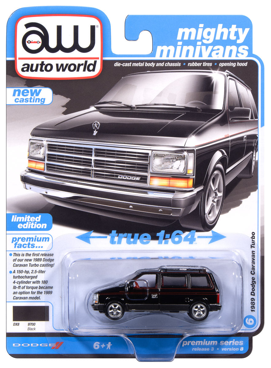"PRE-ORDER" Auto World 1989 Dodge Caravan Turbo (Black w/Dark Quartz Gray Lower & Red Pin Stripe) 1:64 Diecast (DUE MARCH 2026) - Auto World Store