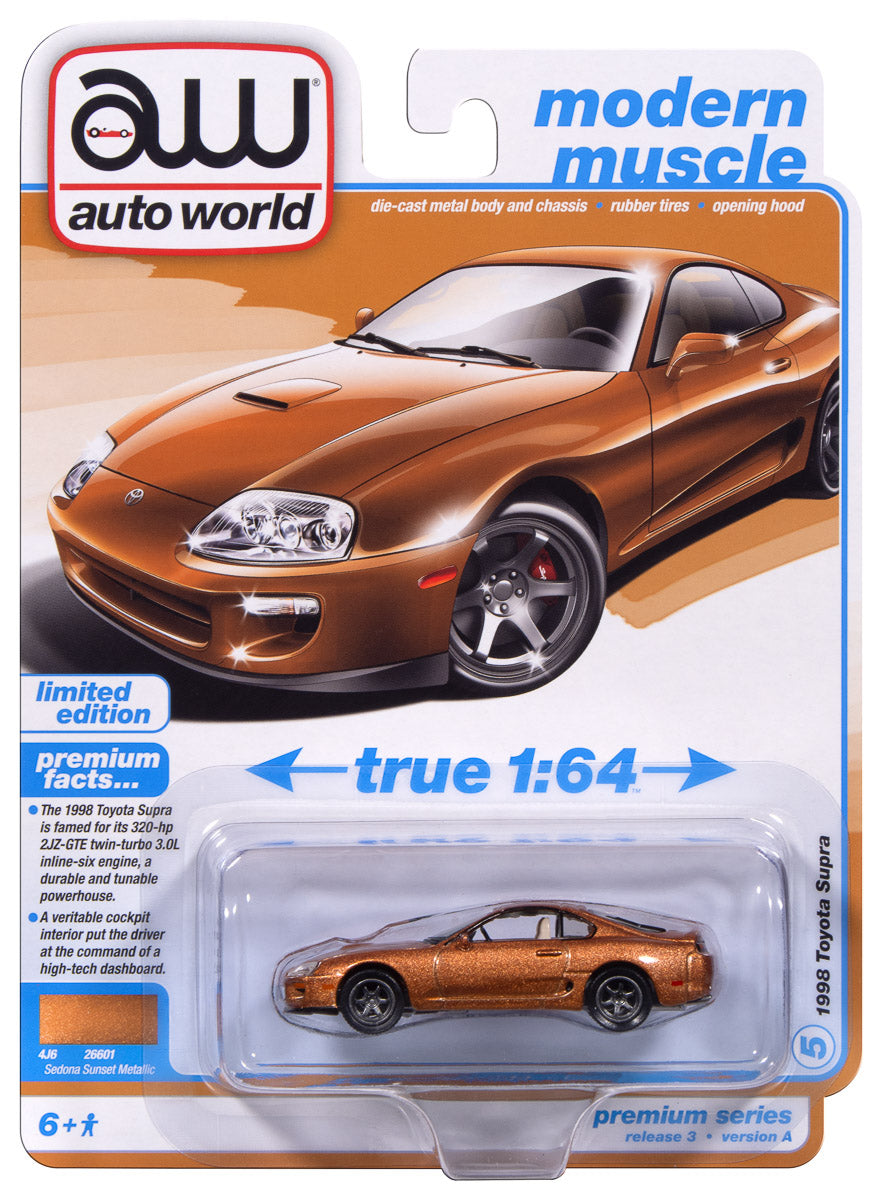 "PRE-ORDER" Auto World 1998 Toyota Supra (No Spoiler & Custom Wheels) (Sedona Sunset Metallic) 1:64 Diecast (DUE MARCH 2026) - Auto World Store