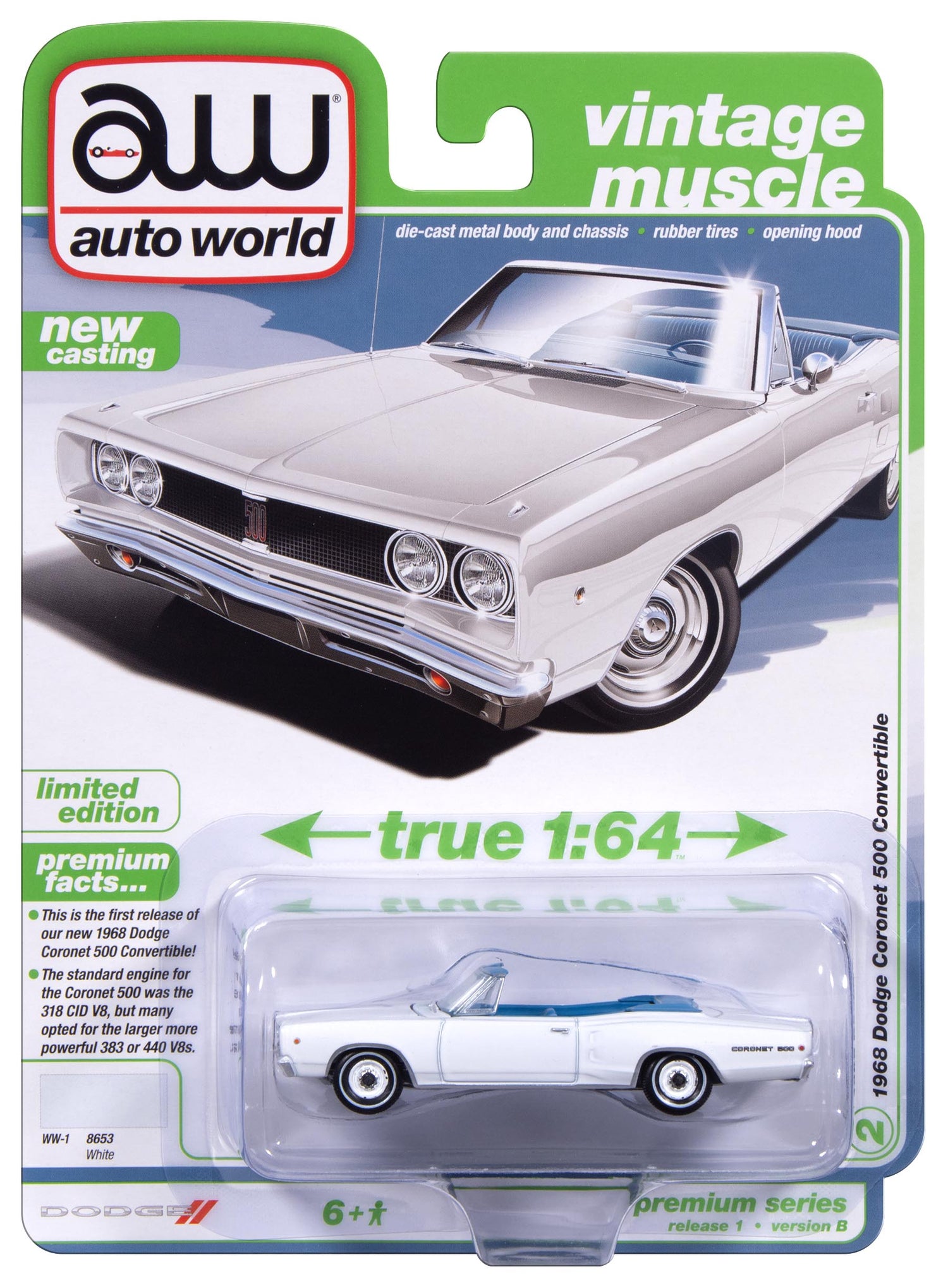 Auto World 1968 Dodge Coronet 500 Convertible (White) 1:64 Diecast