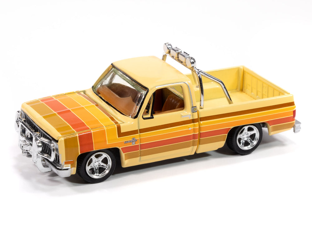 "PRE-ORDER" Auto World 1981 Chevy Silverado Fleetside Lowered (Custom Cream w/5-Color Stripe Graphics) 1:64 Diecast (DUE LATE DECEMBER 2025)
