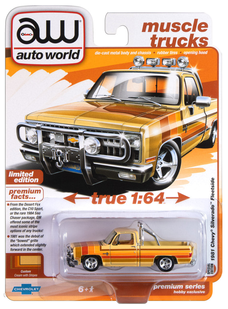 "PRE-ORDER" Auto World 1981 Chevy Silverado Fleetside Lowered (Custom Cream w/5-Color Stripe Graphics) 1:64 Diecast (DUE LATE DECEMBER 2025)