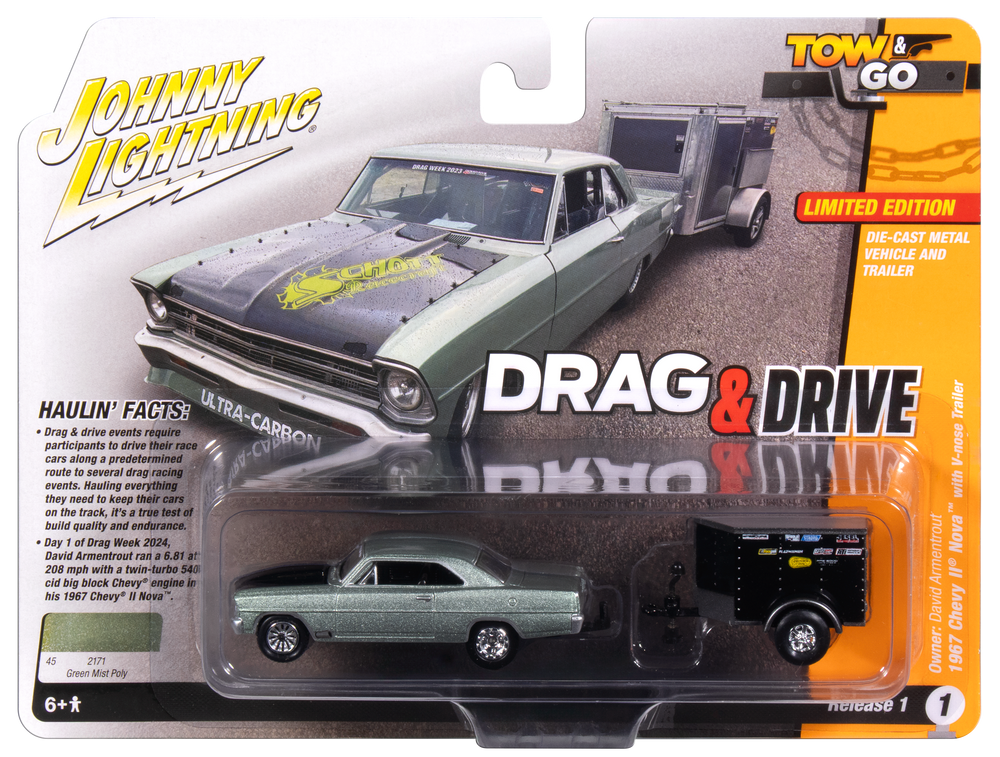 Johnny Lightning Drag & Drive David Armentrout 1967 Chevy II Nova w/Small Enclosed Trailer 1:64 Diecast