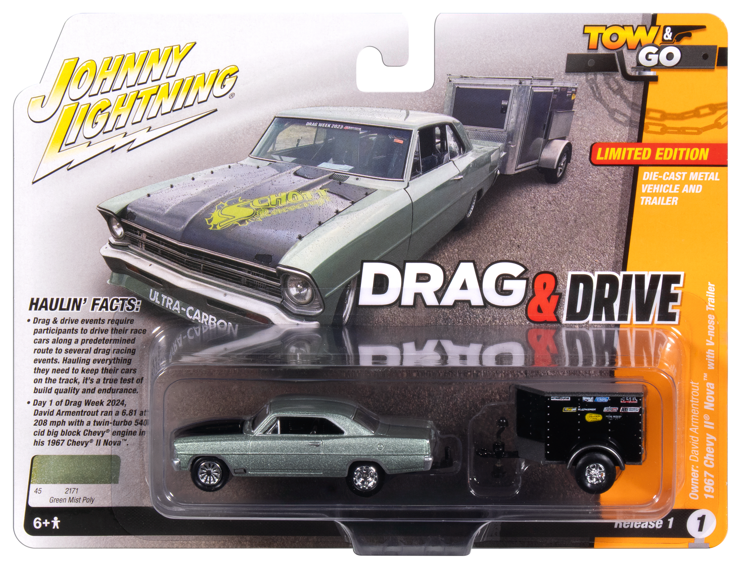 Johnny Lightning Drag & Drive David Armentrout 1967 Chevy II Nova w/Small Enclosed Trailer 1:64 Diecast