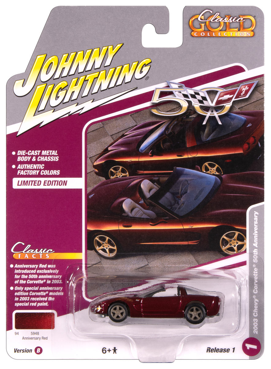 "PRE-ORDER" Johnny Lightning Classic Gold 2003 Chevy Corvette 50th Anniversary (Anniversary Red) 1:64 Scale Diecast (DUE OCTOBER 2025)