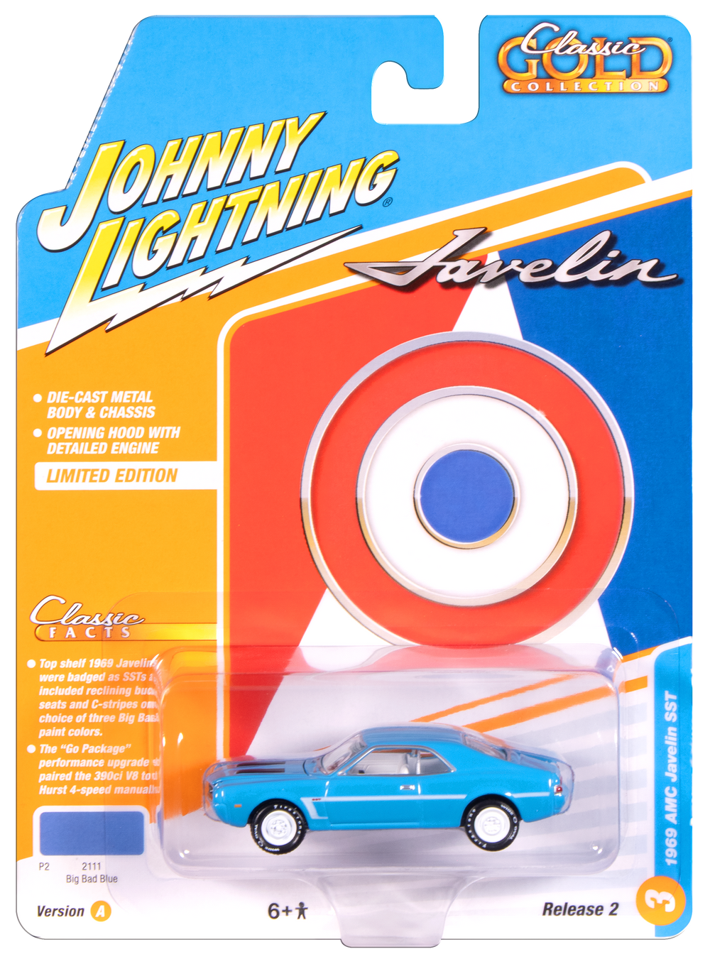 Johnny Lightning Classic Gold 1969 AMC Javelin (Big Bad Blue w/ White C Stripe) 1:64 Scale Diecast
