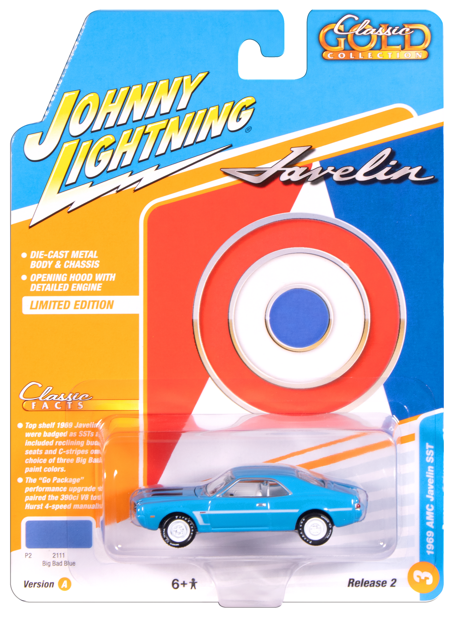 Johnny Lightning Classic Gold 1969 AMC Javelin (Big Bad Blue w/ White C Stripe) 1:64 Scale Diecast