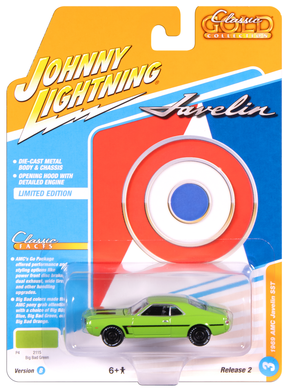Johnny Lightning Classic Gold 1969 AMC Javelin (Big Bad Green w/ White C Stripe) 1:64 Scale Diecast