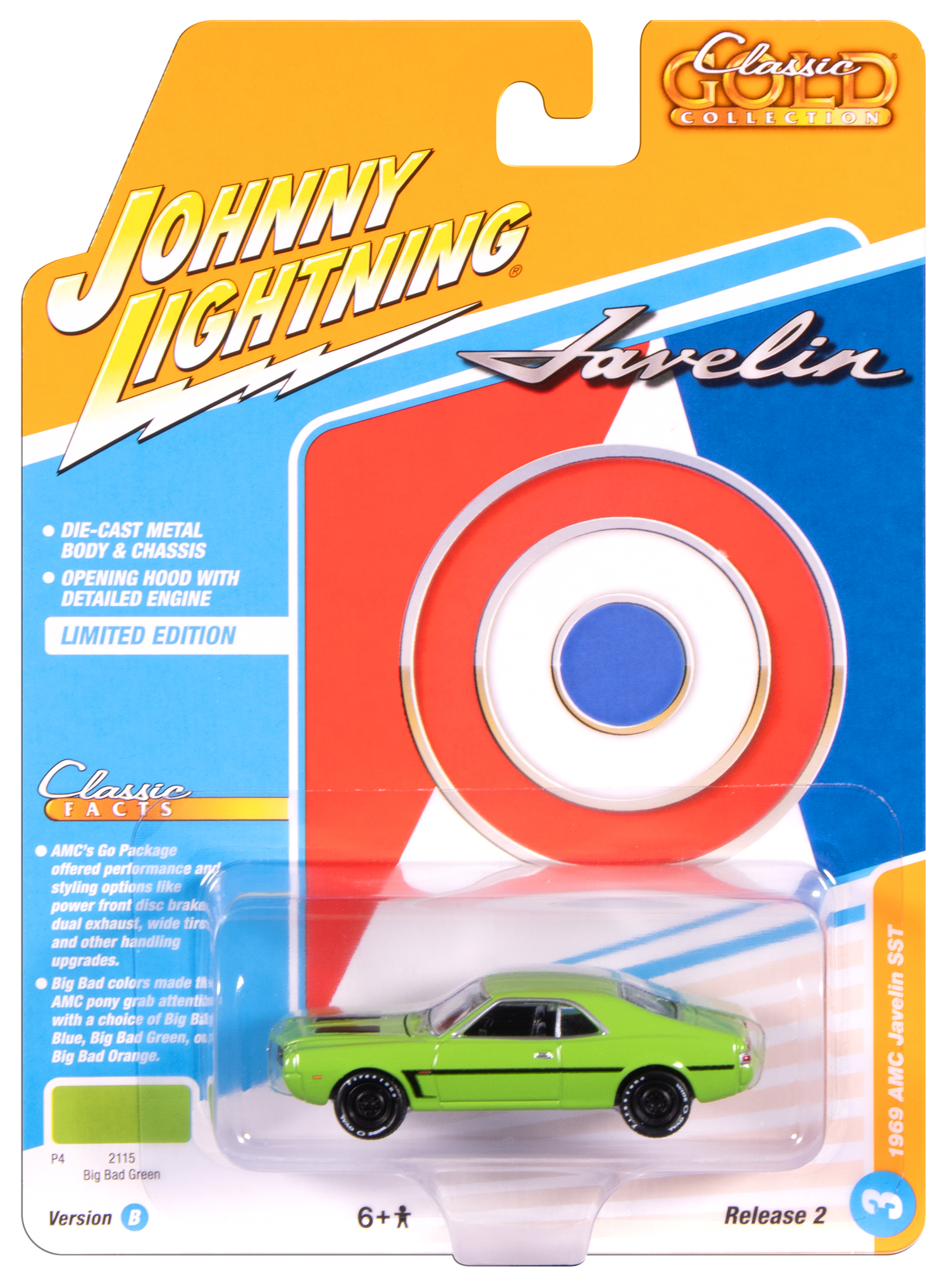 Johnny Lightning Classic Gold 1969 AMC Javelin (Big Bad Green w/ White C Stripe) 1:64 Scale Diecast
