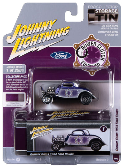 Johnny Lightning 1934 Ford Coupe Crower Cams (Purple & Silver) with Collector Tin 1:64 Diecast