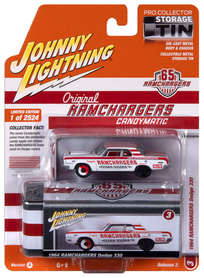 Johnny Lightning 1964 Dodge 330 Ramchargers (White) with Collector Tin 1:64 Diecast