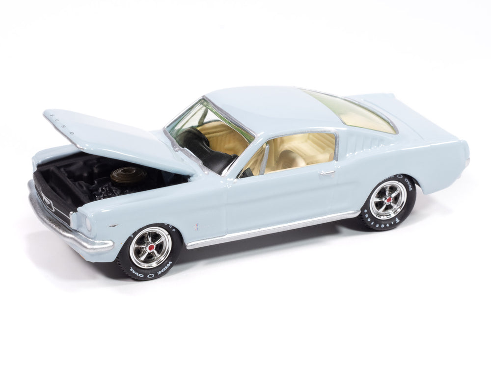 Johnny Lightning 1965 Ford Mustang Fastback (Arcadian Blue) with Collector Tin 1:64 Diecast