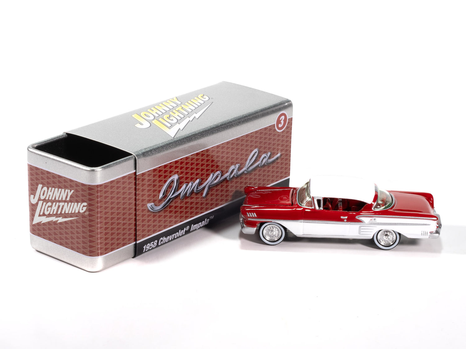 Johnny Lightning 1958 Chevy Impala (Rio Red w/ White Sides) with Collector Tin 1:64 Diecast