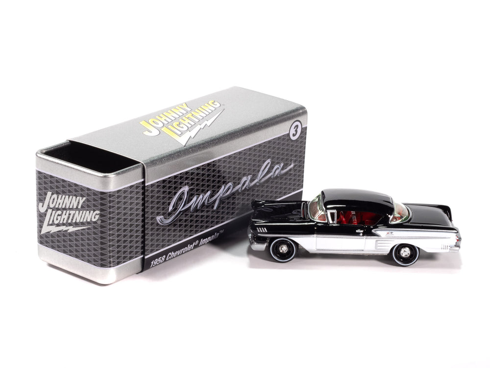 Johnny Lightning 1958 Chevy Impala (Onyx Black w/ White Sides) with Collector Tin 1:64 Diecast