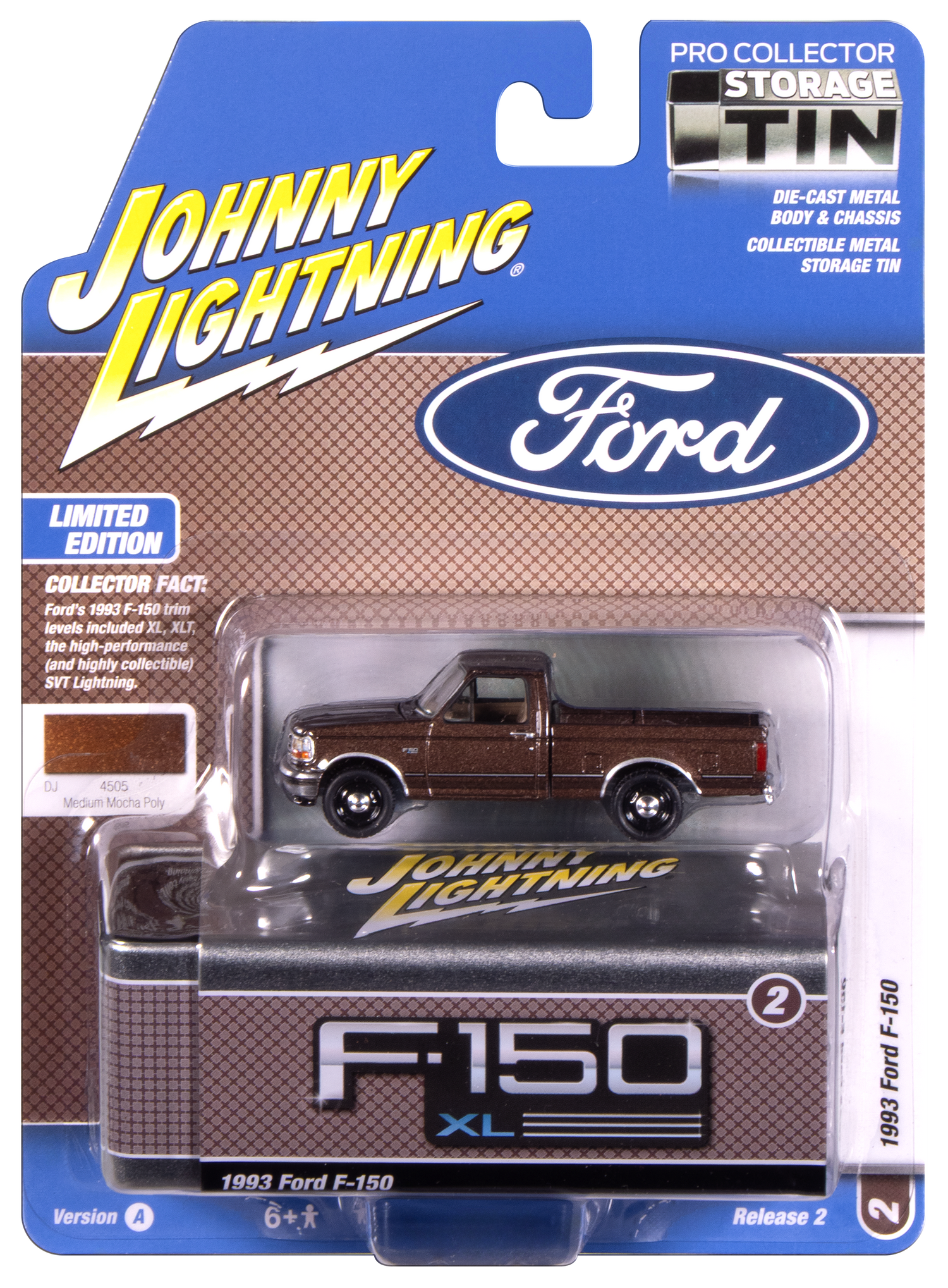 Johnny Lightning 1993 Ford F-150 (Medium Mocha Poly) with Collector Tin 1:64 Diecast