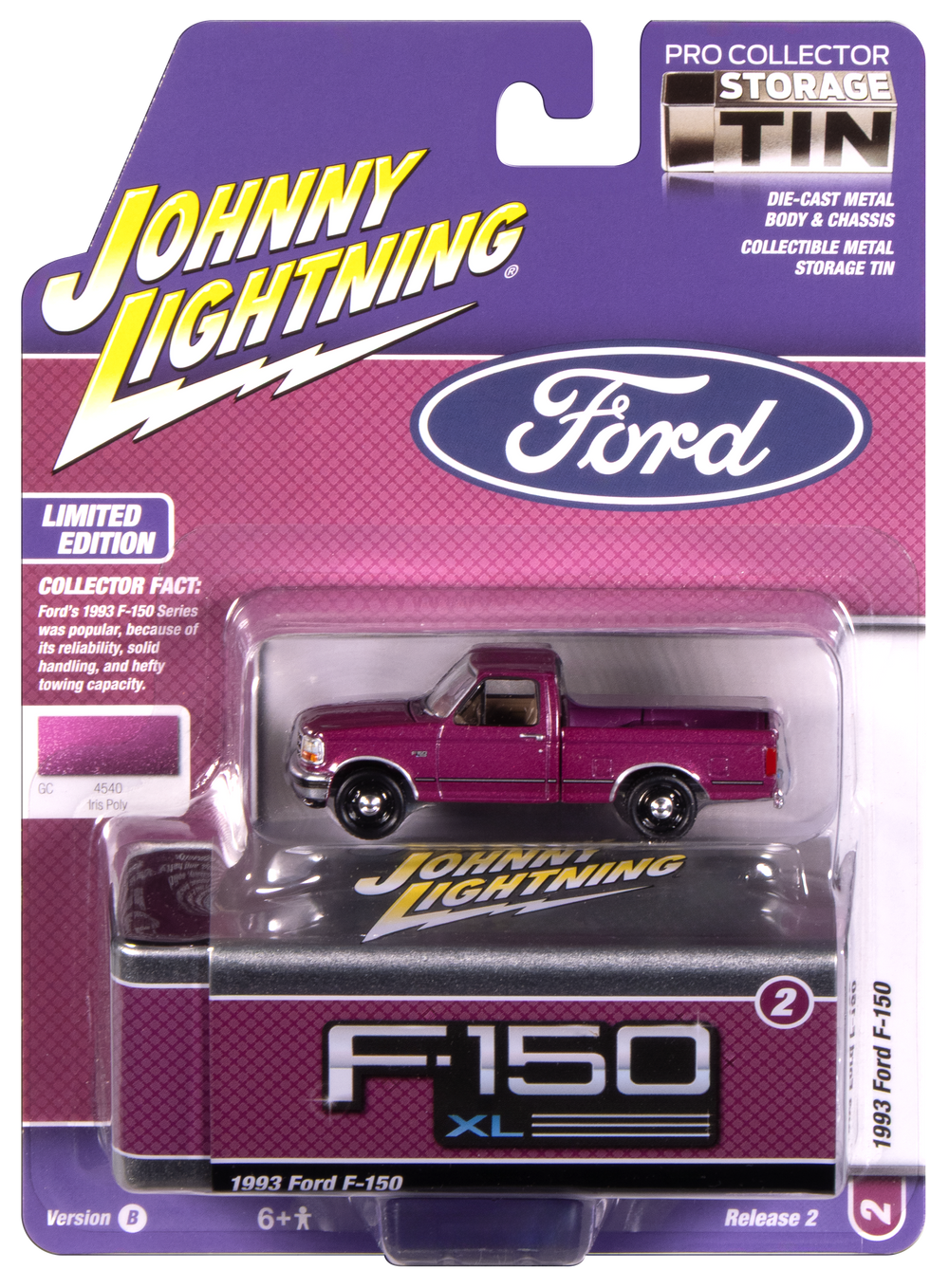 Johnny Lightning 1993 Ford F-150 (Iris Poly) with Collector Tin 1:64 Diecast