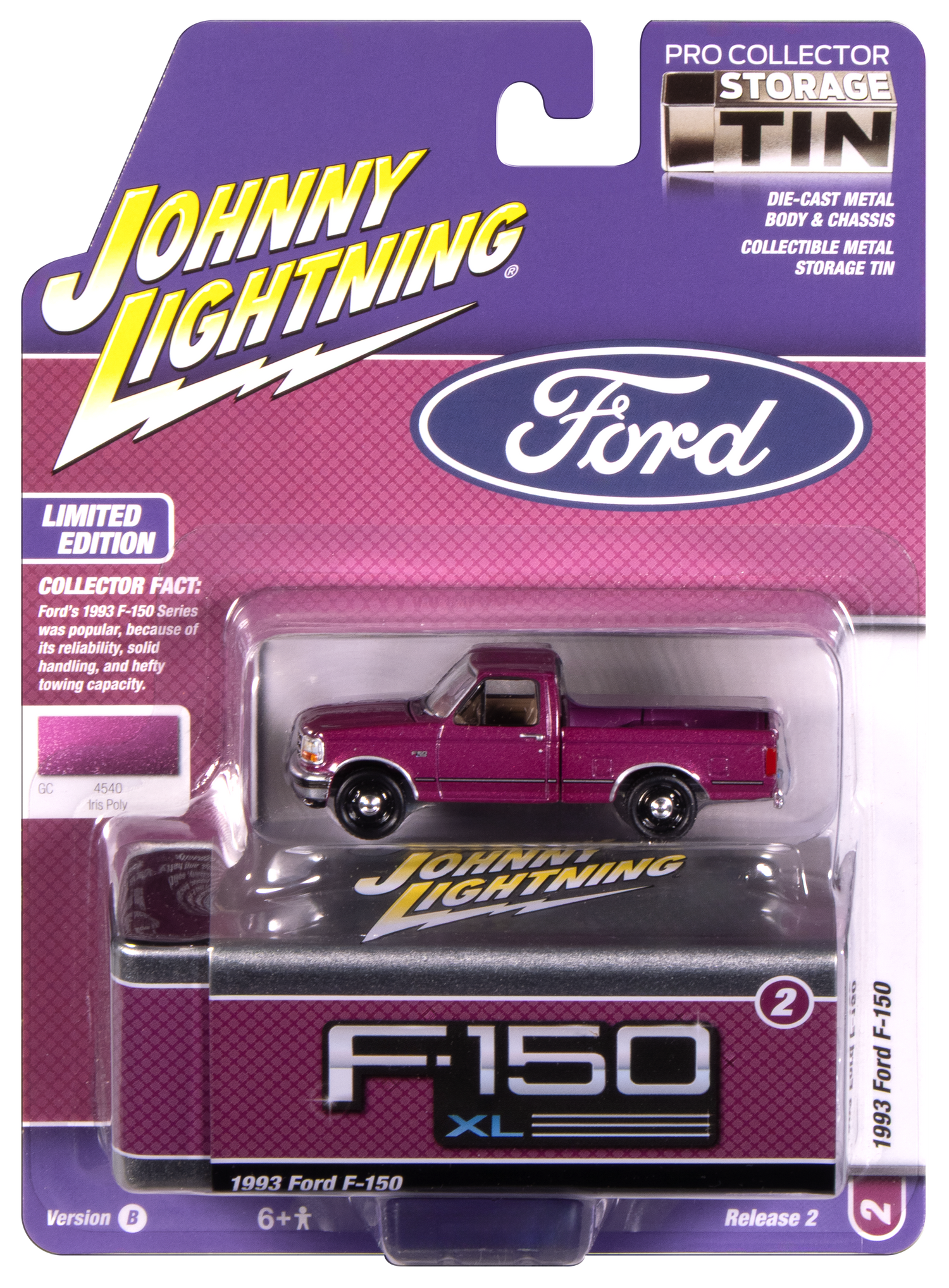 Johnny Lightning 1993 Ford F-150 (Iris Poly) with Collector Tin 1:64 Diecast