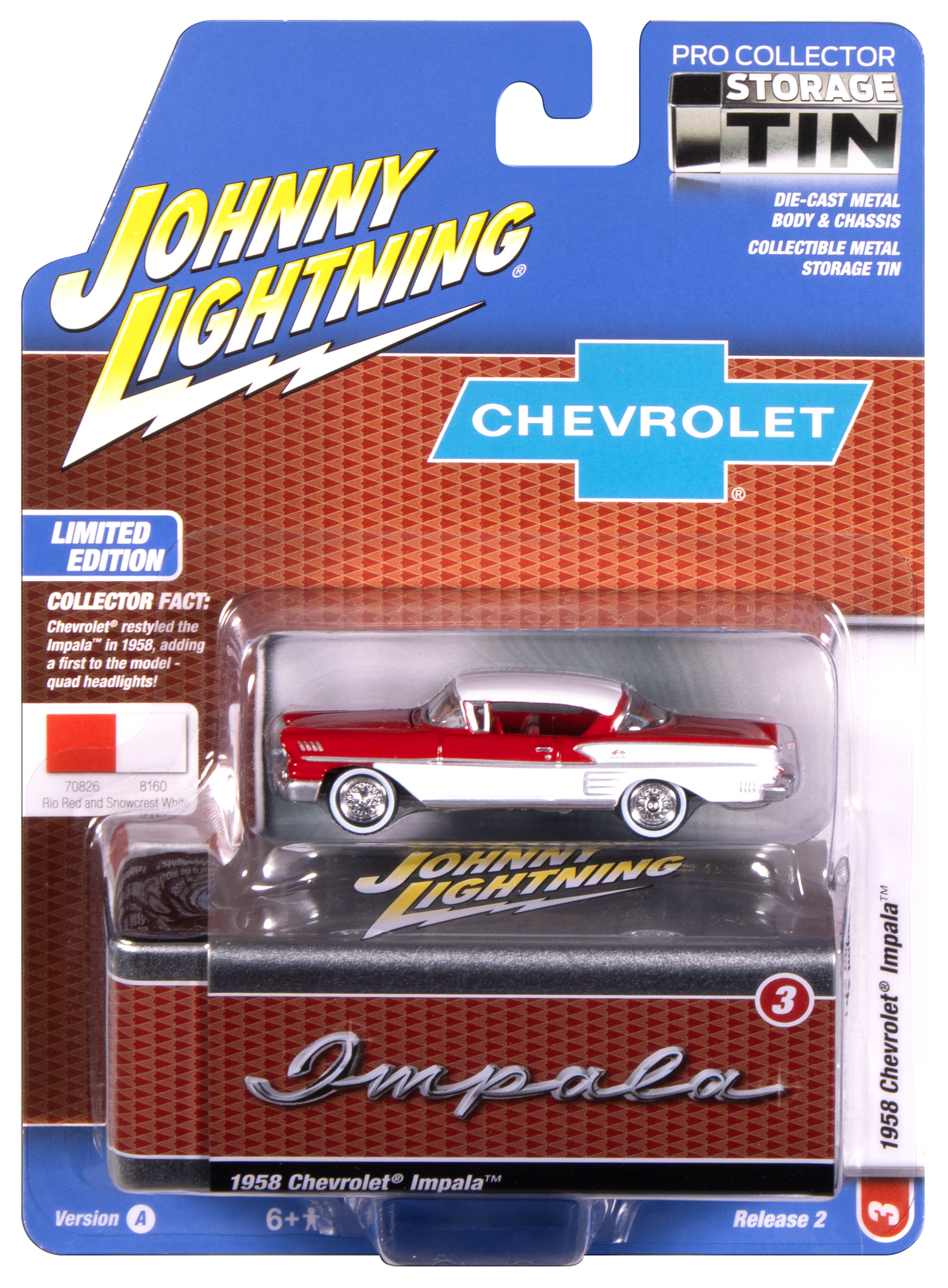 Johnny Lightning 1958 Chevy Impala (Rio Red w/ White Sides) with Collector Tin 1:64 Diecast