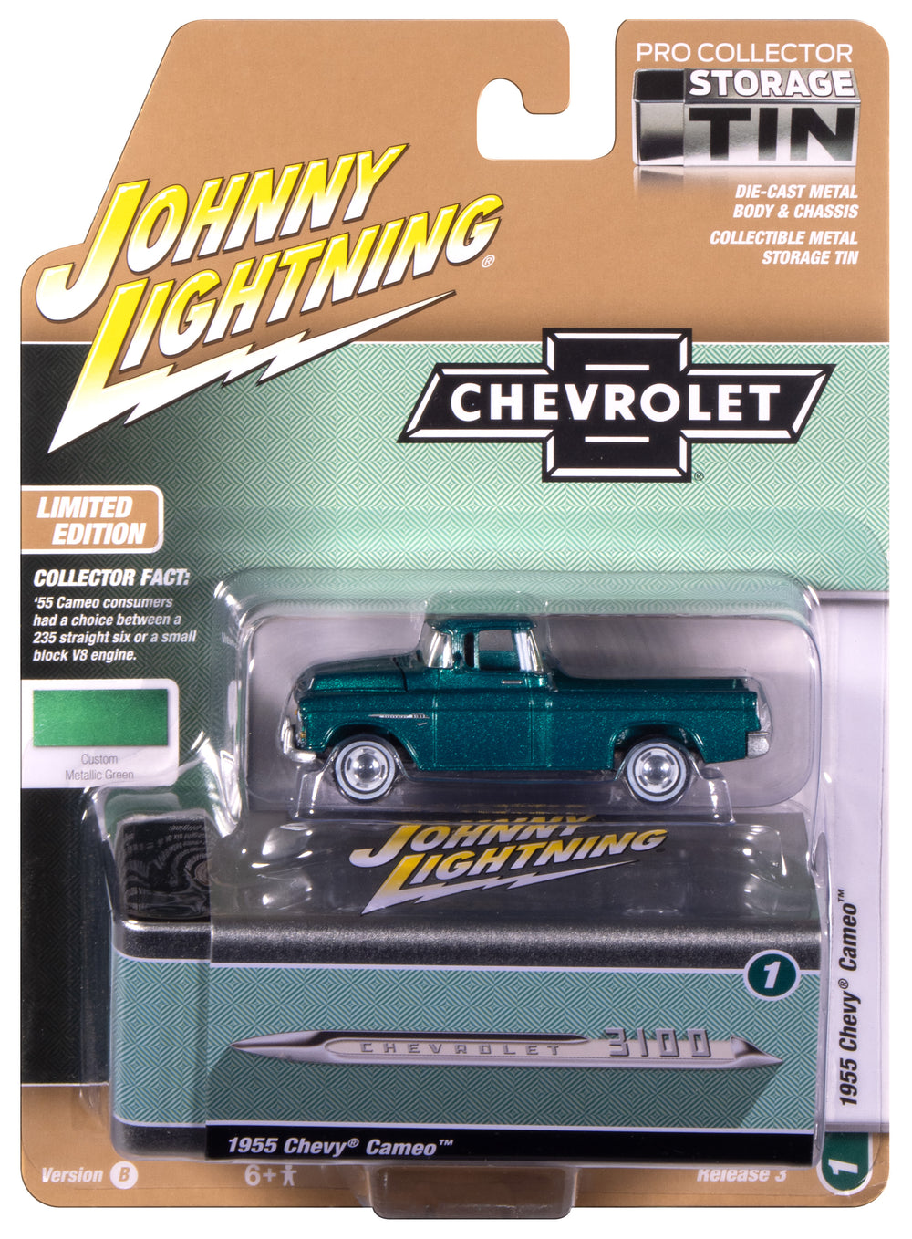 "PRE-ORDER" Johnny Lightning 1955 Chevy Cameo Pickup (Teal Pale Gold) with Collector Tin 1:64 Diecast (DUE JANUARY 2026)
