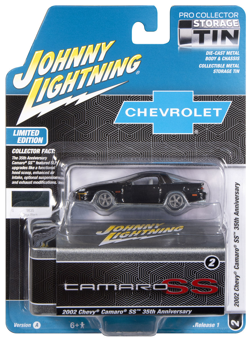 Johnny Lightning 2002 Chevy Camaro SS 35th Anniversary (Black w/Silver Stripes) with Collector Tin 1:64 Diecast