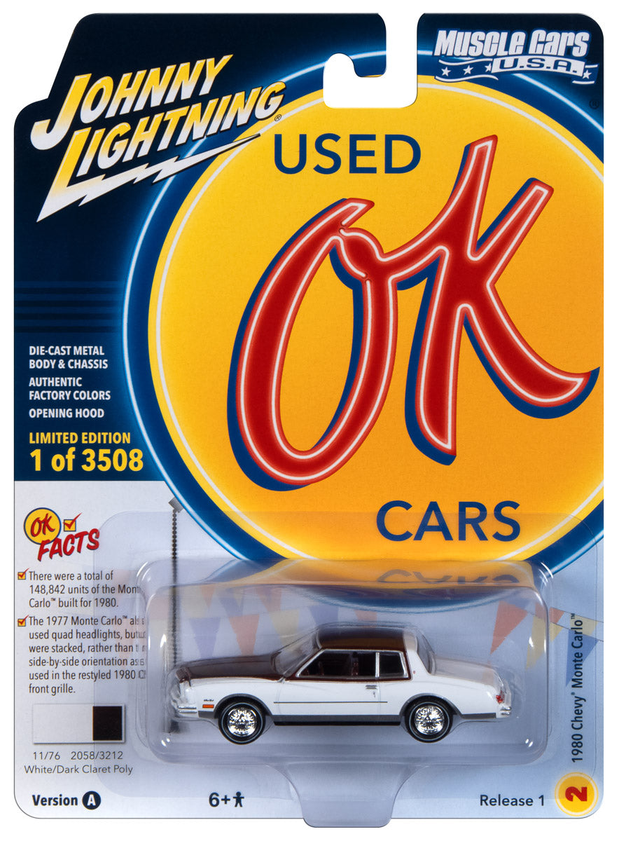 Johnny Lightning Muscle Cars 1980 Chevrolet Monte Carlo (Gloss White w/Dark Claret Poly Roof & Hood) 1:64 Scale Diecast
