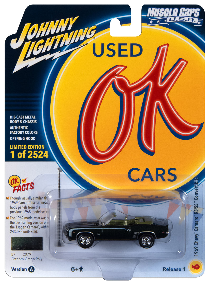 Johnny Lightning Muscle Cars 1969 Chevrolet Camaro RS/SS Convertible (Fathom Green Poly w/White Hockey Side Stripe) 1:64 Scale Diecast - Auto World Store