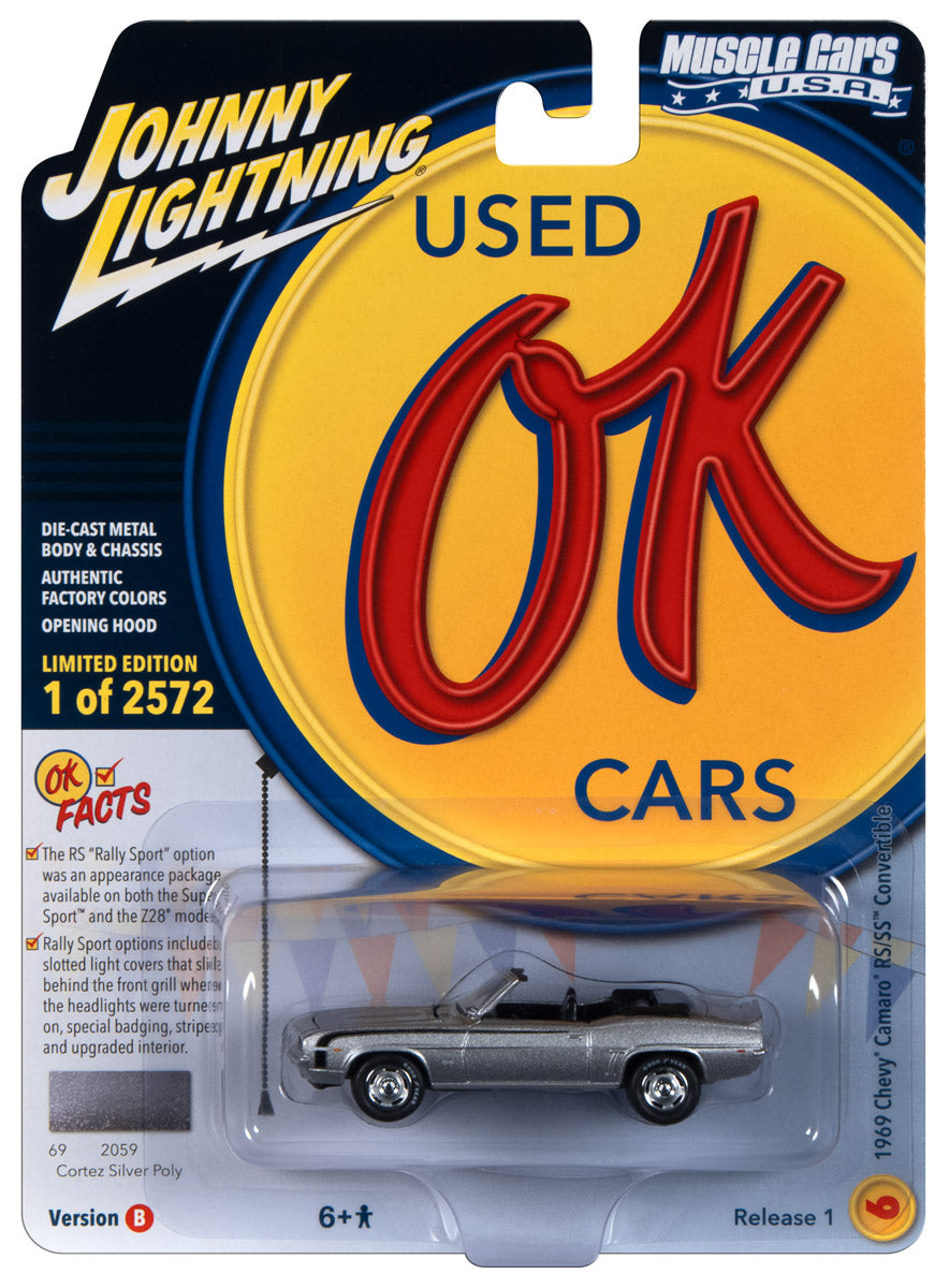 Johnny Lightning Muscle Cars 1969 Chevrolet Camaro RS/SS Convertible (Cortez Silver w/Black Hockey Side Stripe) 1:64 Scale Diecast