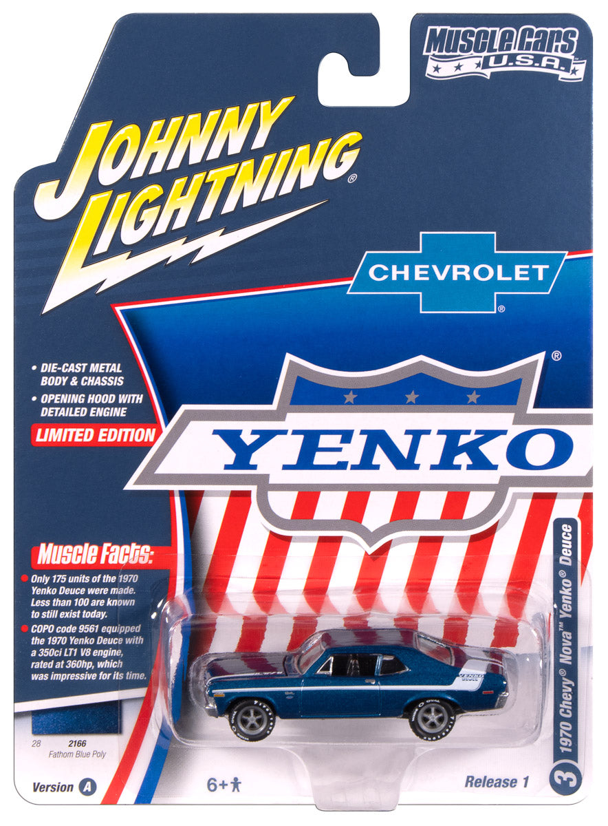 Johnny Lightning Muscle Cars 1970 Yenko Deuce Chevy Nova (Fathom Blue Ply w/White Yenko Deuce Stripes) 1:64 Scale Diecast